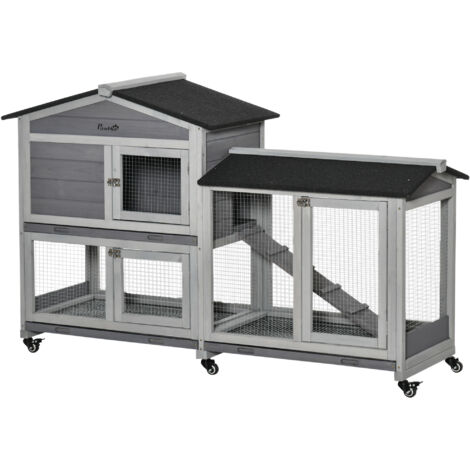 Clapier bois pour lapins petit enclos animaux villa pour lapin sur roulettes 2 étages 3 plateaux coulissants 157,4 x 53 x 99,5 cm gris