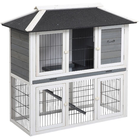 Clapier cage à lapin 2 étages 4 portes bois sapin gris blanc