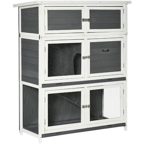 Clapier cage à lapin - 2 étages + niveau de rangement, plateau déjection coulissant, rampe - bois sapin gris blanc
