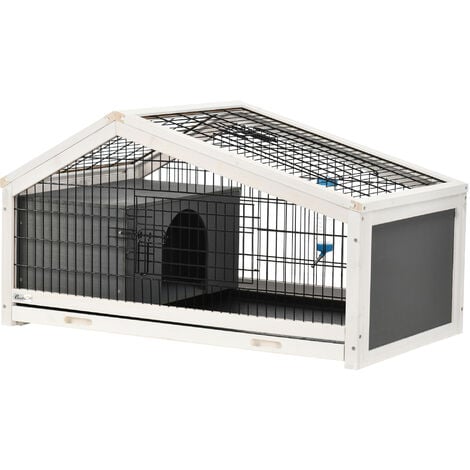 Clapier cage à lapin - niche, plateau déjection, porte et toit ouvrant verrouillables, abreuvoir - acier noir sapin gris blanc