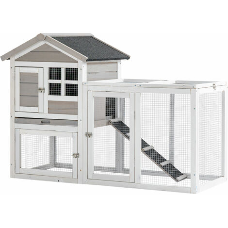 Clapier cage à lapins cottage - niche supérieure avec rampe et enclos extérieur - plateau excrément, toit bitumé, 4 portes verrouillables - bois sapin blanc gris - Gris