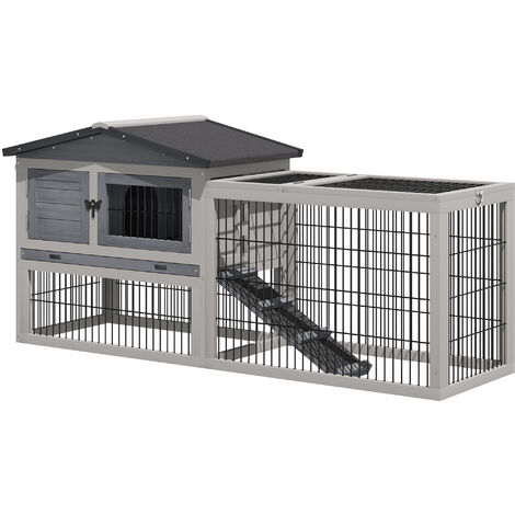main image of "Clapier cage à lapins cottage - niche supérieure avec rampe et enclos extérieur - plateau excrément, toit ouvrant, 2 portes verrouillables - bois sapin blanc gris"