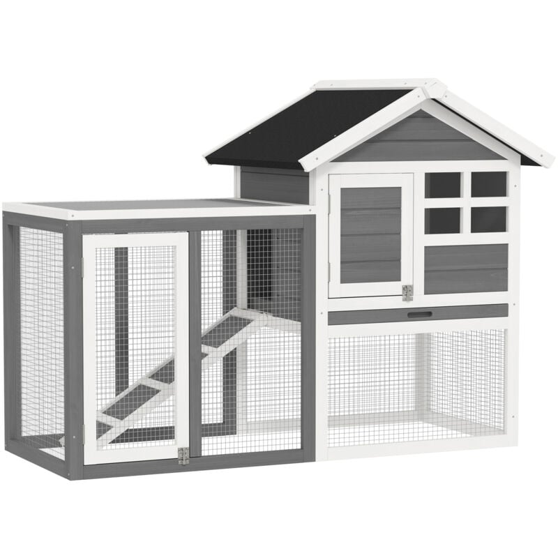 Clapier cage à lapins multi-équipé : niche supérieure avec rampe, plateau excrément, fenêtre + enclos extérieur sécurisé 2 portes 122L x 63l x 92H cm