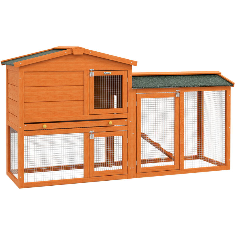 Pawhut - Clapier cage à lapins rongeurs 2 niveaux 3 portes verrouillables tiroir à déjection 145L x 45l x 85H cm bois sapin lasuré