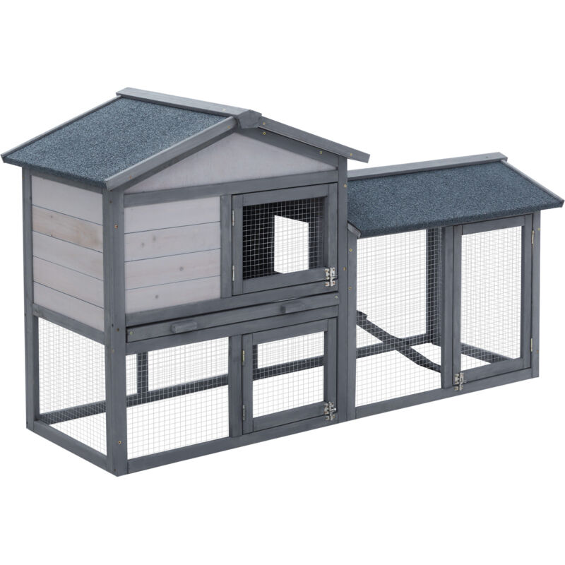 Clapier cage à lapins rongeurs 2 niveaux 3 portes verrouillables tiroir à déjection toit intégral bitumé 147L x 54l x 84H cm bois massif pin gris