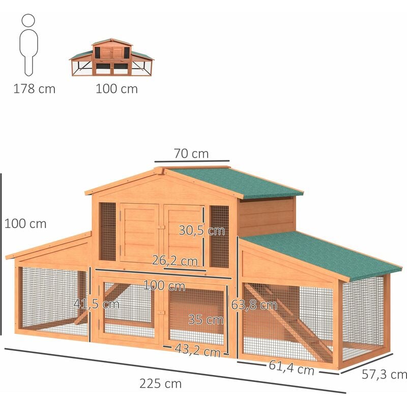 Clapier Cage à Lapins Rongeurs Poulailler Xxl 2 étages 2 Enclos Tiroir Déjection 227l X 070l X 1h M Bois Massif Pin