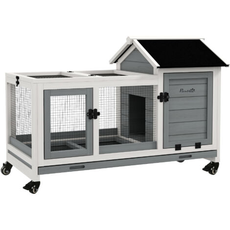 Clapier cage à lapins rongeurs sur roulettes 2 portes verrouillables - dim. 108L x 58l x 73.5H cm - bois massif