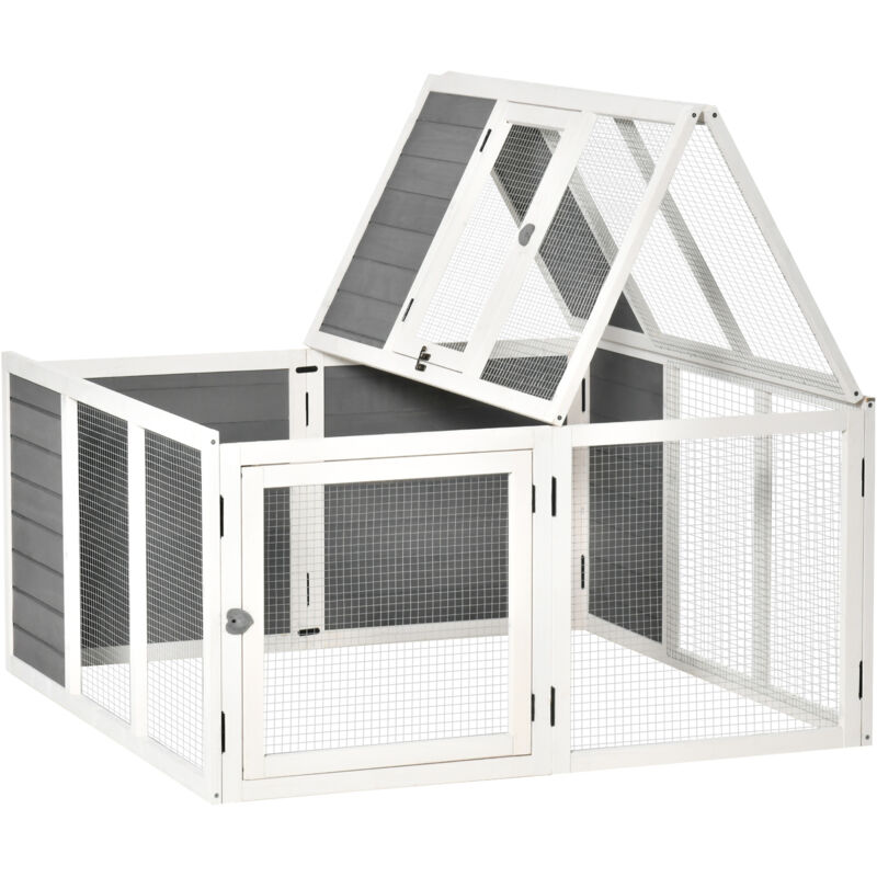 Pawhut - Clapier de sol enclos extérieur 2 portes verrouillables toit pliant ouvrant fil métallique bois sapin pré-huilé peint gris blanc