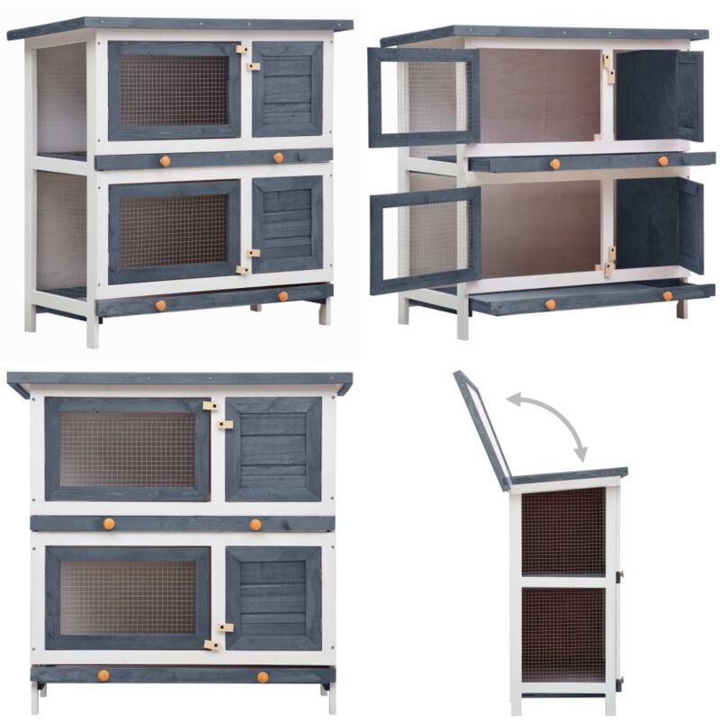 Clapier d'extérieur 4 portes Gris Bois - Clapier Lapin - Cage Animal Domestique - Espace Jeu Petit Animal - Habitat Extérieur - Abri Lapin - Home &