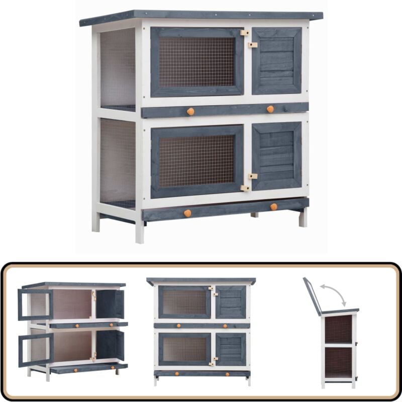 Vidaxl - Clapier d'extérieur 4 portes Gris Bois - Clapier Lapin - Cage Animal Domestique - Espace Jeu Petit Animal - Habitat Extérieur - Abri Lapin