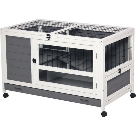 Clapier en bois cage à lapin villa pour lapin avec plateau coulissant, porte verrouillable, dessus ouvrable gris