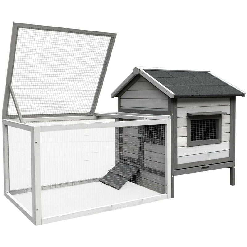 Helloshop26 - Clapier à lapin avec maison de rongeur et roue libre 146 cm gris clair