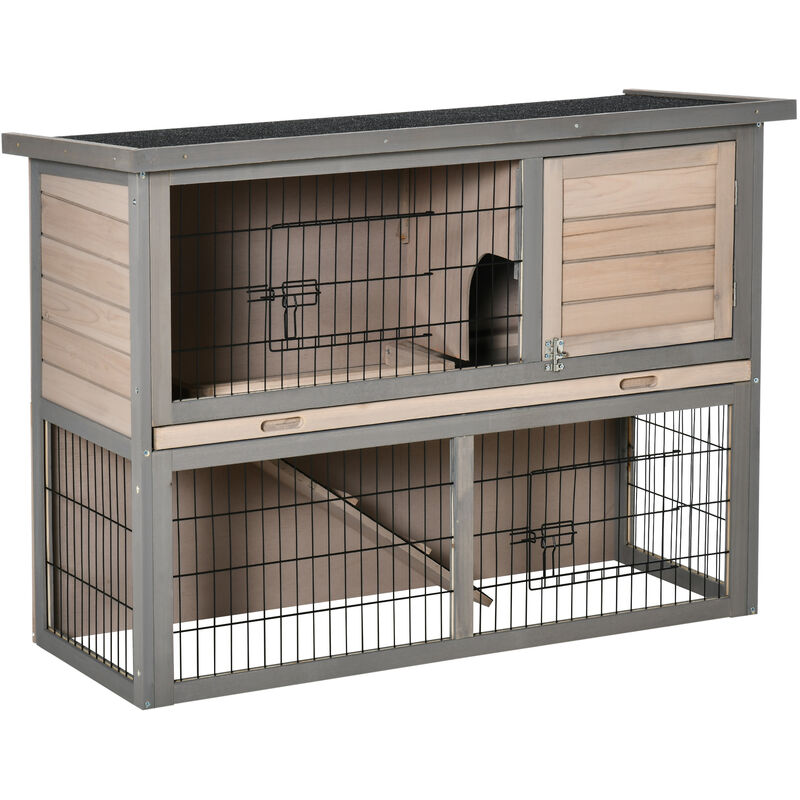 Pawhut - Clapier à lapin cage à lapin 2 étages 3 portes verrouillables plateau coulissant rampe et toit ouvrant bois de sapin gris