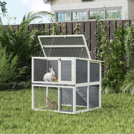 Clapier lapin extérieur cage à lapin 2 étages spacieux toit double ouverture plateau amovible 98x95x102.5cm gris
