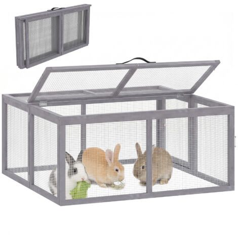 Clapier lapin extérieur pliable en bois gris 110x105x50cm, enclos avec toit ouvrant et poignée, idéal pour poule, canard, rongeur.
