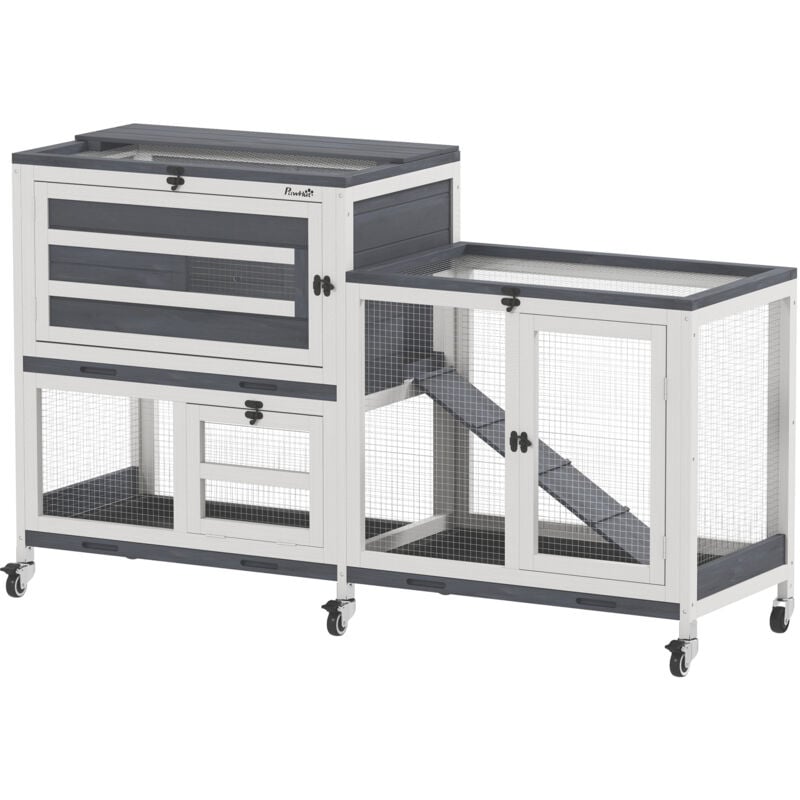 Pawhut - Clapier lapin sur roulettes - 3 portes, 2 toits ouvrants - 3 plateaux déjection - bois métal blanc gris