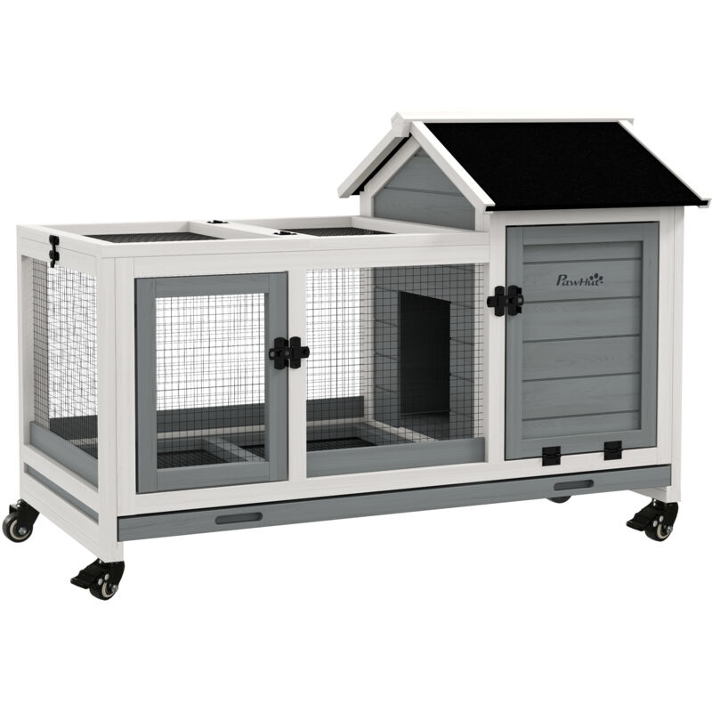 Pawhut - Clapier à lapin sur roulettes cage à lapin porte, rampe trappe verrouillables toit ouvrant niche bois sapin acier gris blanc