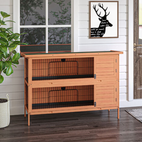 Clapier lapins bois 2 étages toit asphalte bassin sol 136,4x50x93 cm cage hivernale petits animaux portes cage lapin intérieur extérieur orange