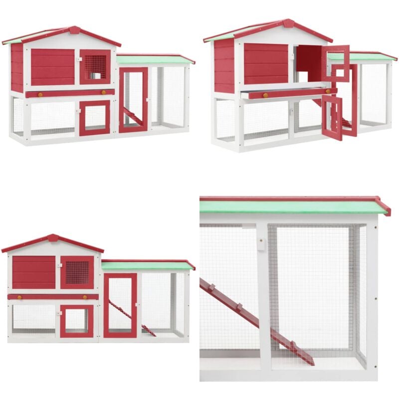Clapier large d'extérieur Rouge et blanc 145x45x84 cm Bois - Clapier Lapin - Clapier Exterieur - Clapier Bois - Habitat Lapin - Maison Lapin - Home &