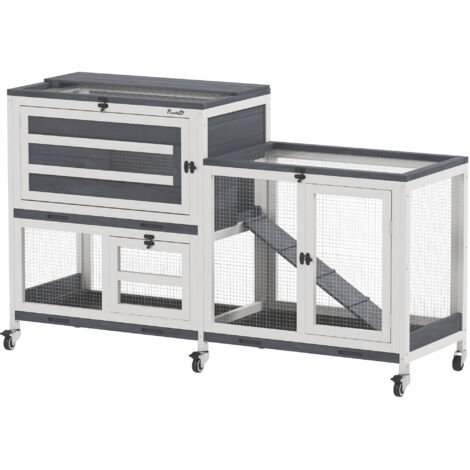 Clapier pour lapin 2 étages avec roulettes, 3 plateaux, pour 2-3 lapins, 147 x 45 x 89,5 cm, gris