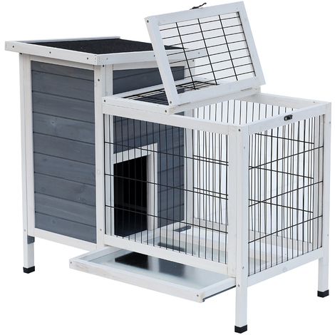 PAWHUT Clapier sur pieds cage à lapin avec niche intérieure plateau excrément coulissant porte supérieure 92L x 51l x 76H cm gris blanc