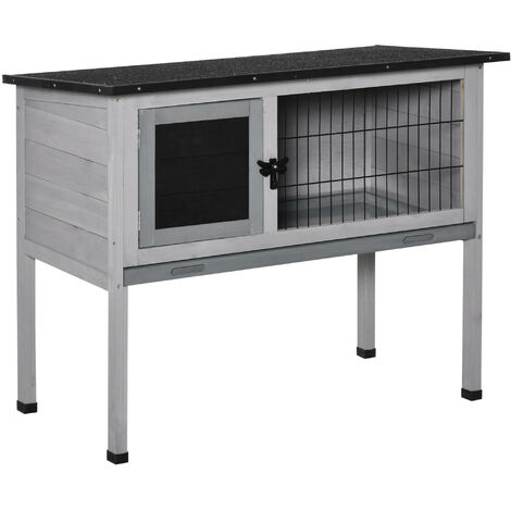 Clapier sur pieds cage à lapin avec niche intérieure plateau excrément coulissant porte verrouillable toit ouvrant bois de sapin gris blanc