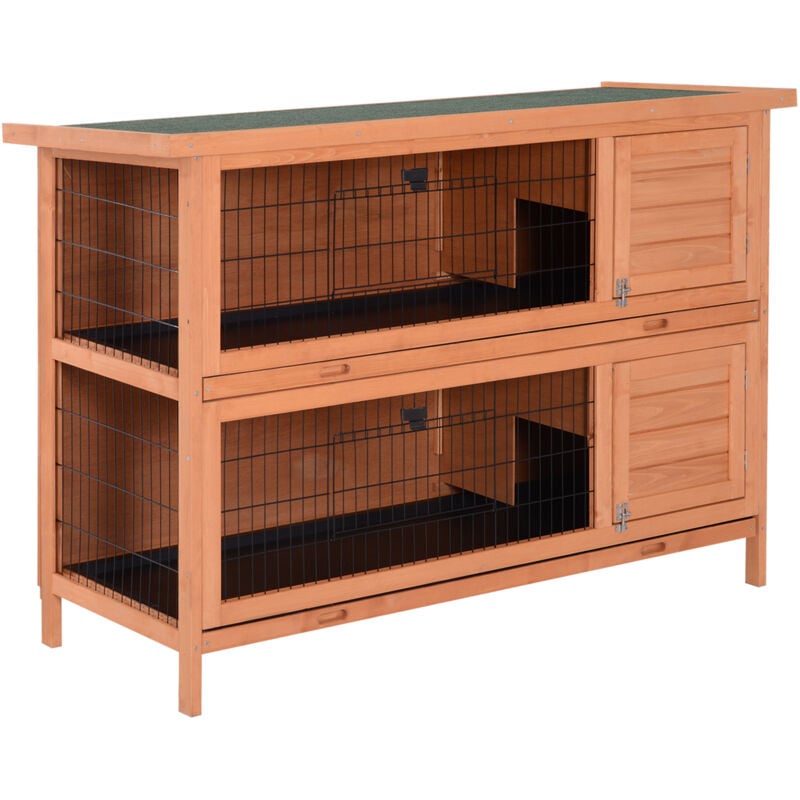 Clapier sur pieds cage à lapin double niveau plateaux excréments coulissants 4 portes verrouillables dim. 137L x 50l x 93H cm bois massif pin toit