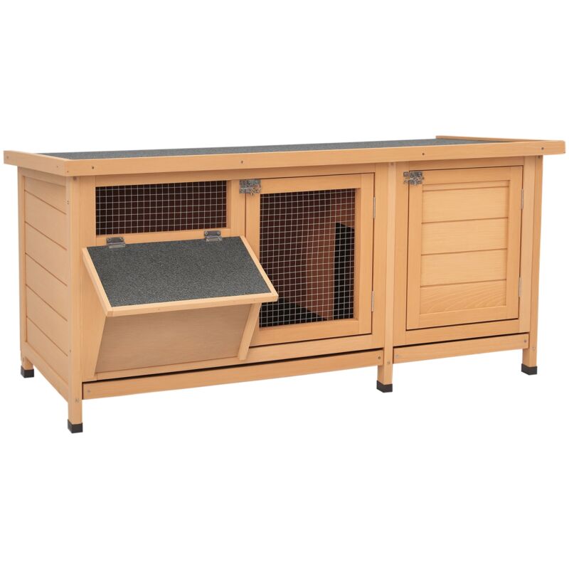 Clapier sur pieds - cage à lapin - 2 plateaux coulissants à excrément, 2 portes verrouillables, toit bitumé ouvrant, râtelier à foin - bois sapin
