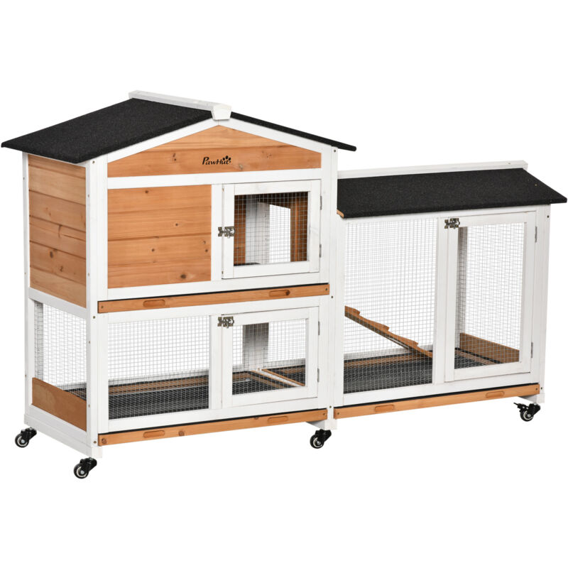 Clapier bois sur roulettes 2 niv. 3 plateaux déjections coulissants sapin blanc pré-huilé