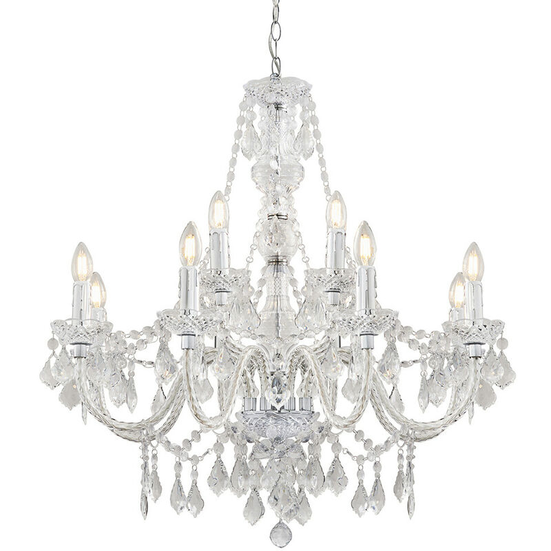 Endon Clarence Decorative 12 Light Chandelier Polished Chrome with Clear Faceted Droplets