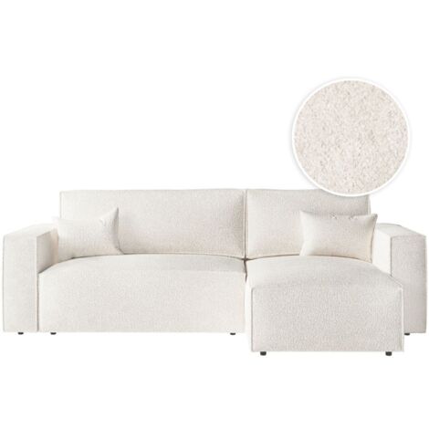 CLARISSE - Canapé d'angle convertible réversible avec coffre en tissu bouclette - Blanc