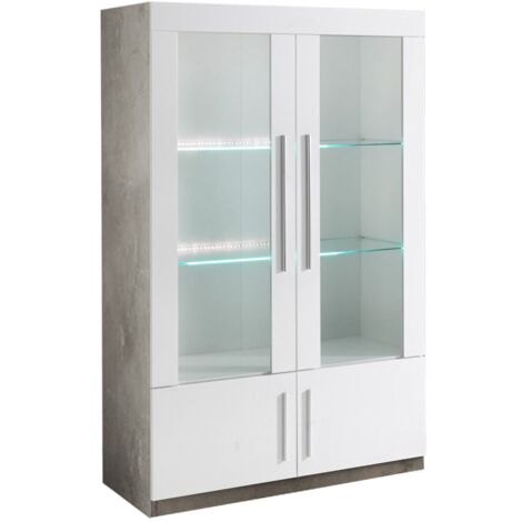 CLARK - Vitrine 4 Portes Laquée Blanc et Marbre Poignées Métal avec Leds