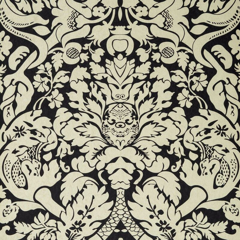 Clarke And Clarke - Valentina Ebony Wallpaper Damask Print Metallic Paste The Wall