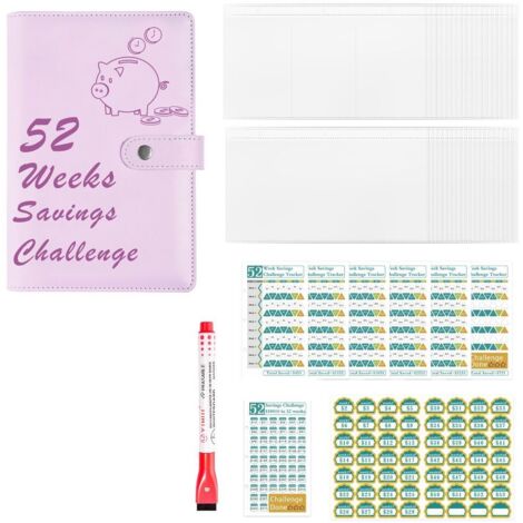 Classeur Budget 52 Semaines avec Feuilles Rechargeables et Tableau, Organiseur d’Épargne Rose Motif Cochon