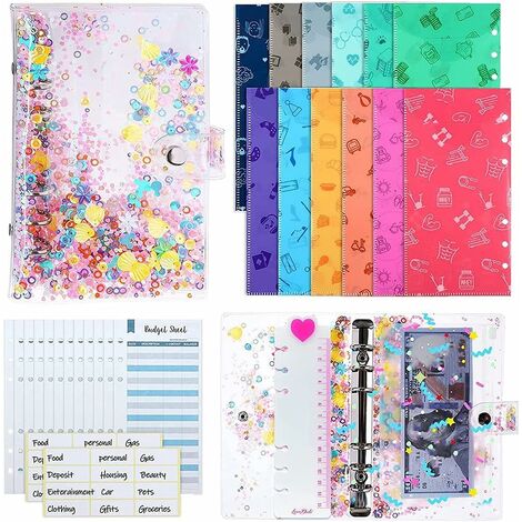 Classeur Budget A6, Classeur à Anneaux, Documents Polyvalent avec 12 Enveloppes Transparent, 12 Feuilles de Budget pour les Voyages et le Journal Intime
