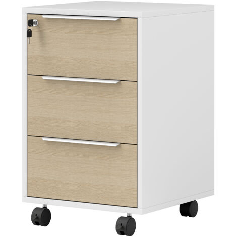 Classeur de Bureau 3 Tiroirs, 4 Roulettes, Meuble à Tiroirs avec Serrure et 2 Clés, Blanc et Chêne