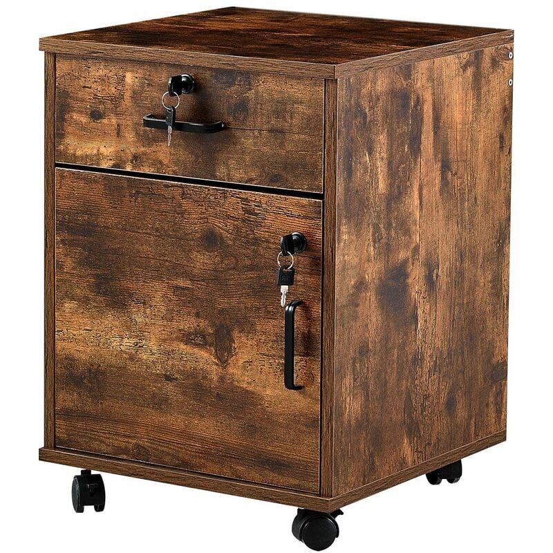 Classeur mobile à 2 tiroirs avec serrure et roulettes style industriel en bois pour bureau à domicile (marron, 1 tiroir + 1 armoire)