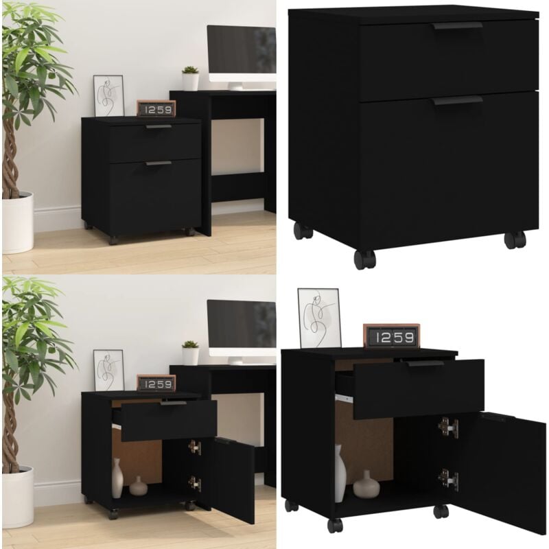 Classeur mobile avec roues noir 45x38x54 cm bois d'ingénierie - Meuble De Bureau - Classeur - Armoire De Rangement - Bureau - Classement - Home &