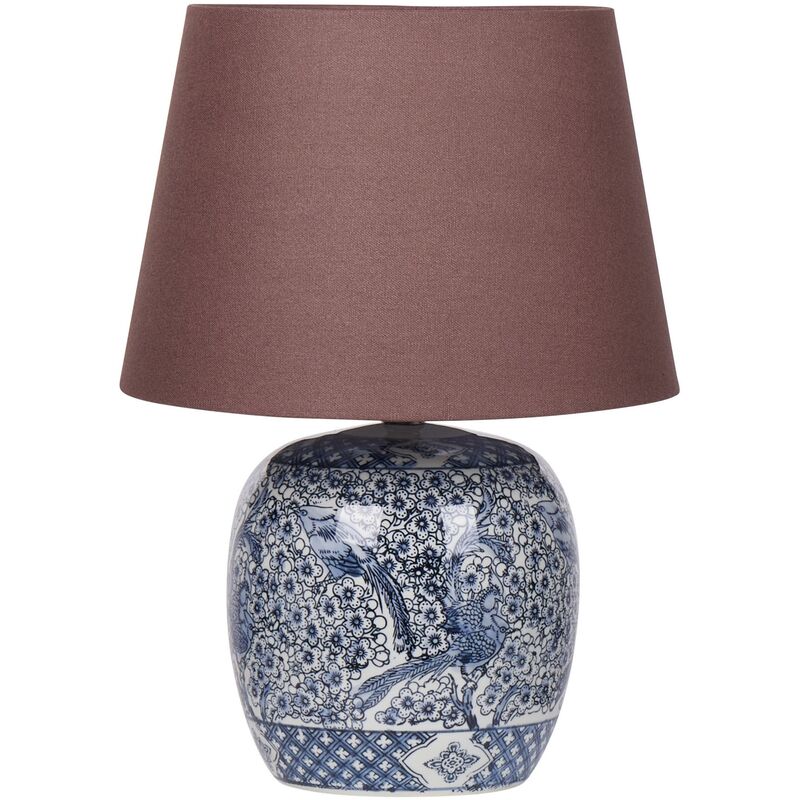 Classic Bedside Table Lamp with Brown Fabric Linen Shade Drum Shape Porcelain Base Blue and White Neira