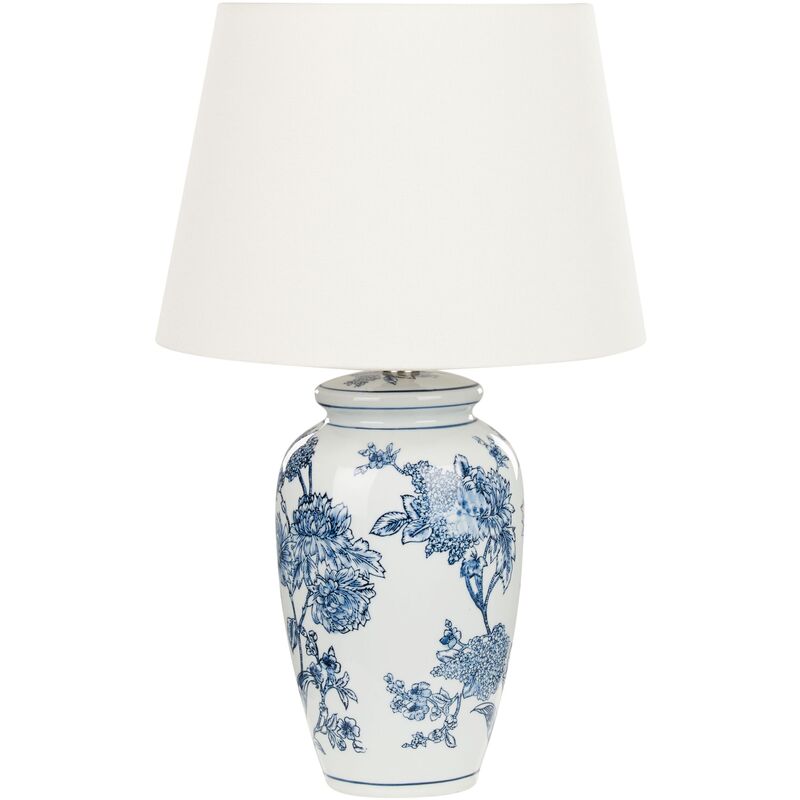 Classic Bedside Table Lamp with Fabric Linen Shade Drum Shape Porcelain Base White and Blue Beluso