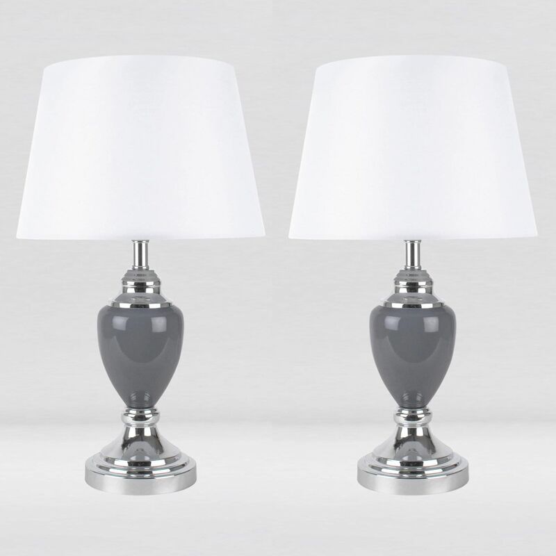 Set of 2 Chrome and Grey Urn Table Lamps with White Shades