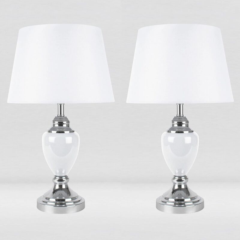 Set of 2 Chrome and White Urn Table Lamps with White Shades