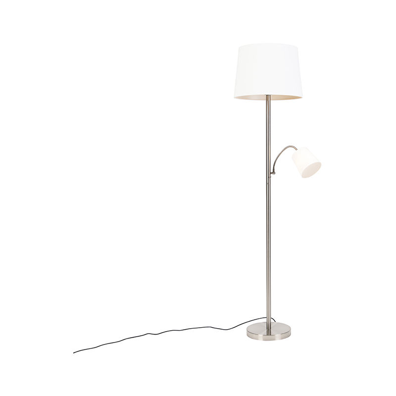 Classic Floor Lamp Steel with White Lampshade and Reading Light - Retro