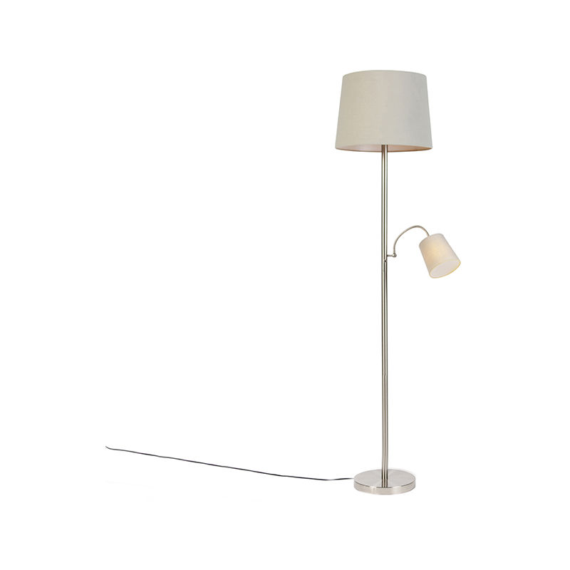 Classic Floor Lamp Steel with Grey Lampshade and Reading Light - Retro