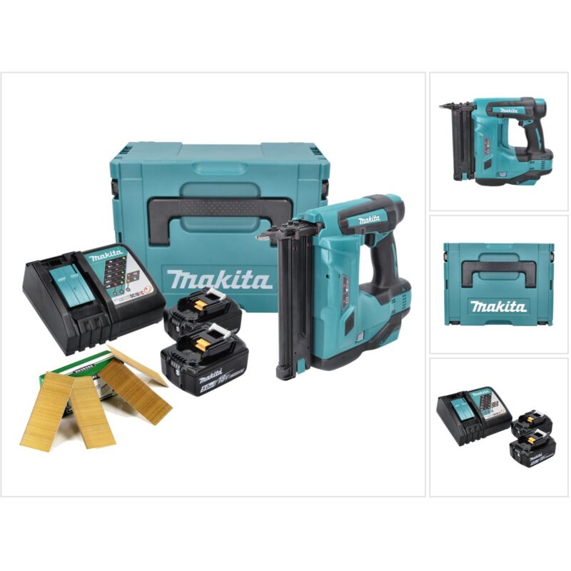 Clavadora a batería Makita dbn 500 rtj 15-50 mm 90° 18 v + 2x Baterías 5.0 Ah + Cargador + 20000x Clavos de 50 mm + Maletín MakPac