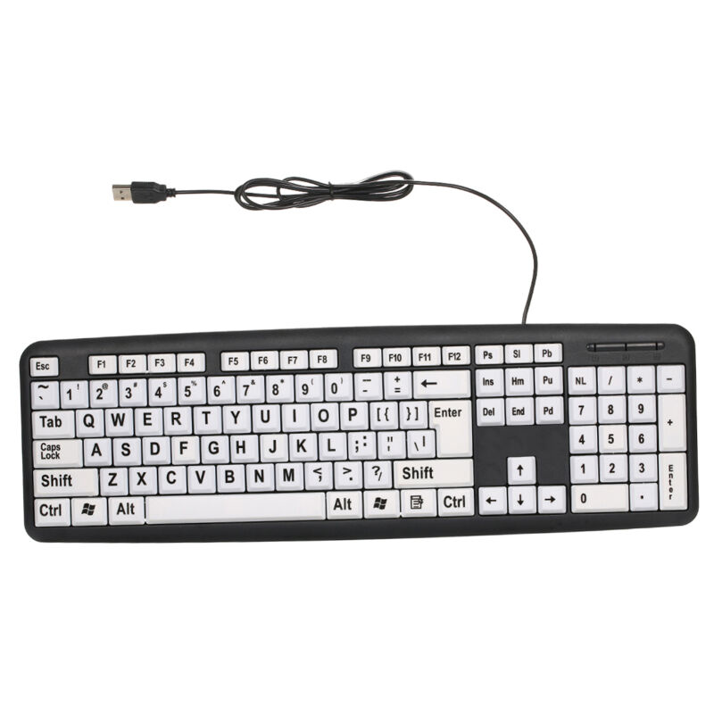 Clavier filaire usb pour utilisateurs malvoyants avec grandes touches blanches et lettres noires pour les personnes âgées