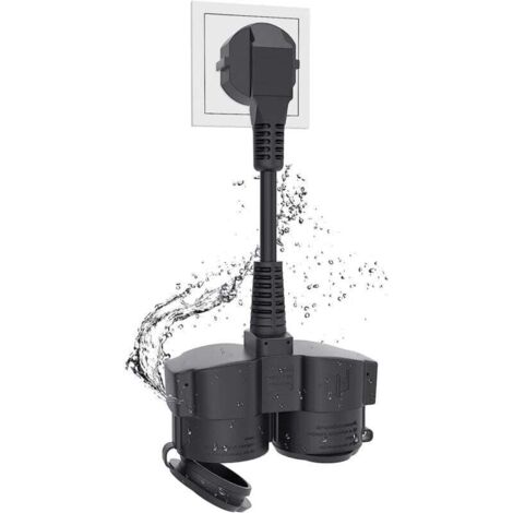 Clavija doble, cable alargador, contacto de protección externo con 2 tomas de CA, distribuidor de distribución Schuko, 2 compartimentos, 5 cm, cable corto, estanco IP44, 3 1,5 mm², 16 A