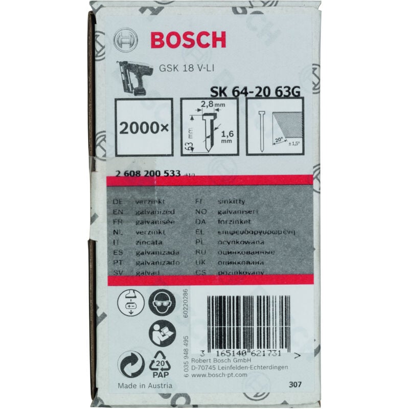 

2608200533 Clavo galvanizado SK64-20:63mm: 2.000uds - Bosch