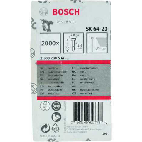 Clavos Inox SK64-20: 38mm: 2.000uds  BOSCH 2608200534