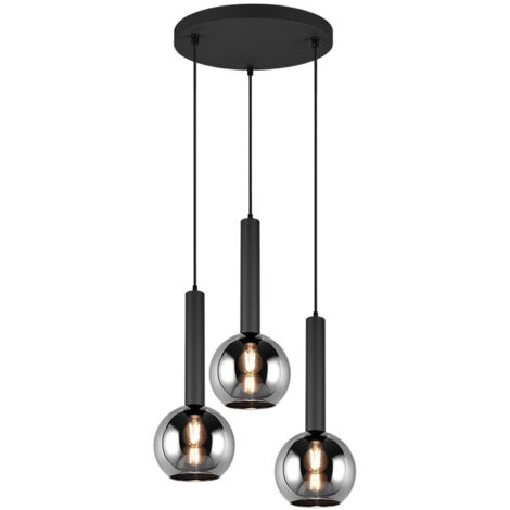 CLAYTON SOSPENSIONE METALLO NERO CON 3 VETRI FUME' CROMATO D. 45CM ATTACCO E27